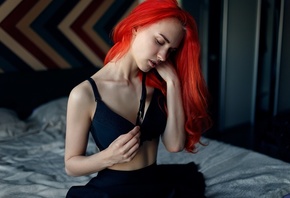 women, portrait, redhead, black lingerie, sitting, bed, black bras, closed eyes, dyed hair