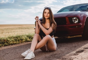 women, sitting, sneakers, road, jean shorts, sunglasses, women with cars, portrait, women outdoors