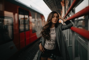 women, tanned, train station, portrait, jean shorts, train, closed eyes