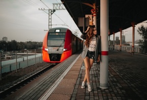 women, tanned, train station, portrait, jean shorts, train, sneakers
