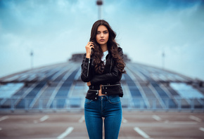 women, portrait, jeans, leather jackets, women outdoors