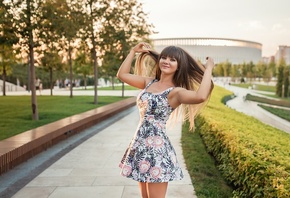 women, portrait, dress, long hair, women outdoors, galitsky park, smiling, park, sunset, pink nails