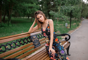 women, Grigoriy Lifin, portrait, bench, trees, park, sitting, cleavage