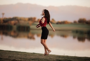 women, model, skirt, smiling, closed eyes, tattoo, river, sandals, david olkarny, aurela skandaj