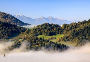 природа, пейзаж, горы, холмы, леса, облака, туман