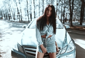 women, Alexander Belavin, shirt, portrait, women with cars, women outdoors, denim skirt