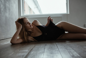 women, blonde, on the floor, window, the gap, wooden surface, body lingerie, painted nails, armpits