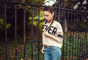 women, pigtails, jeans, portrait, women outdoors, trees