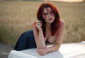 women, Guenter Stoehr, dress, portrait, redhead, women outdoors, boobs, bare shoulders, freckles