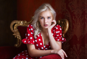 Christina Artemyeva, women, Maxim Maximov, polka dots, dress, blue eyes, si ...