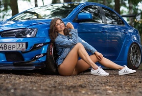 women, tanned, smiling, sitting, sneakers, trees, ass, women with cars, denim, women outdoors