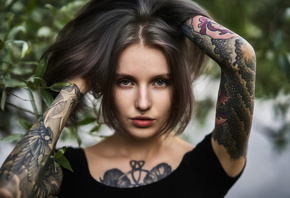 women, face, portrait, tattoo, inked girls, green eyes