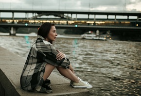 women, river, sitting, sneakers, bridge, women outdoors, plaid shirt, portrait