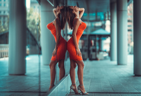 women, tanned, orange dress, glass, reflection, high heels, closed eyes