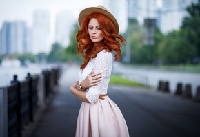 women, redhead, Maksim Romanov, portrait, women outdoors, hat, arms crossed