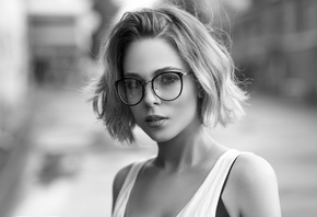 women, monochrome, Maksim Romanov, face, portrait, women with glasses