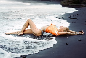 women, blonde, sea, brunette, thong, lying on back, women outdoors, portrait, closed eyes, belly, tattoo, wet body, water drops, sand, T-shirt