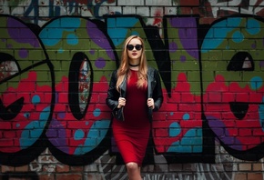 women, red dress, blonde, wall, graffiti, leather jackets, bricks, choker, red lipstick, sunglasses, portrait