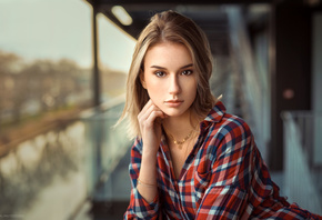 women, Lods Franck, blonde, plaid shirt, portrait