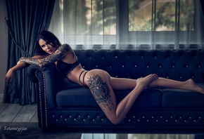 women, tattoo, couch, brunette, ass, black lingerie, lying on front, black nails