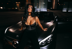 women, Ivan Gorokhov, tanned, women with cars, black clothing, pink nails, juicy lips