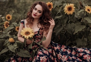 women, dress, sunflowers, red lipstick, portrait, sitting, necklace