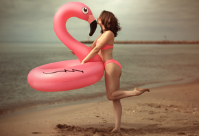 women, Inflatable Chair, pink bikinis, sand, sea, ass, women outdoors, Laurent Kace, brunette, sunglasses