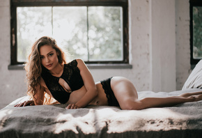 women, ass, brunette, black lingerie, window, belly, in bed, portrait