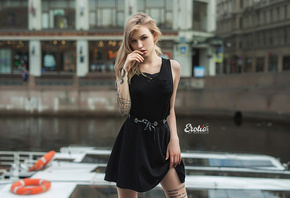 women, blonde, portrait, tattoo, black dress, river, finger on lips, brunette, women outdoors