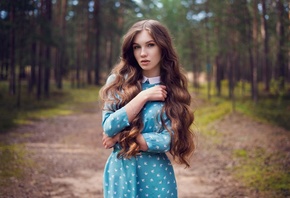 women, dress, portrait, trees, blue eyes, long hair, women outdoors, forest, belt