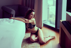 women, sitting, black lingerie, bed, belly, tattoo, on the floor
