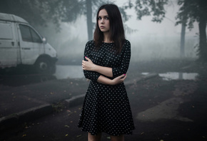 women, portrait, arms crossed, dress, trees, polka dots, women outdoors, mi ...