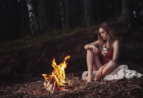 women, model, sitting, fire, looking away, women outdoors, olga kobzar