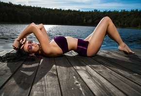 women, swimwear, pier, water, brunette, lying on back, wooden surface, wome ...