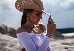 women, hat, tanned, swimwear, portrait, bare shoulders, women outdoors, necklace, purple nails, eyeliner