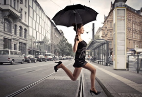 девушка, зонтик, улица, город, композиция
