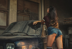 women, tanned, jean shorts, ass, women with cars, T-shirt, closed eyes, stockings, long hair