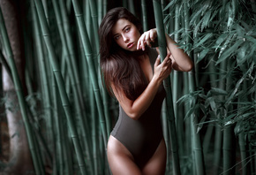 women, tanned, bambooo, ne-piece swimsuit, portrait