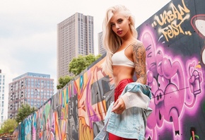 women, Andrew Morozow, tanned, blonde, jeans, tattoo, denim, nose ring, bui ...