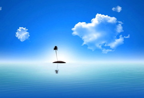 пальма, островок, океан, небо, облака