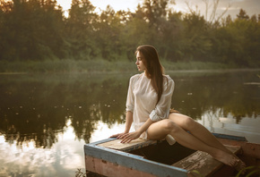 women, sitting, river, boat, white clothing, portrait