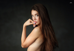 women, portrait, Dmitry Arhar, long hair, simple background, painted nails, ...
