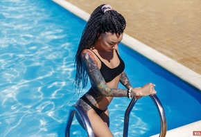 women, dreadlocks, tattoo, brunette, black bikini, swimming pool, women out ...