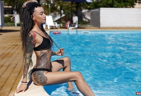 women, dreadlocks, tattoo, brunette, black bikini, swimming pool, sitting,  ...