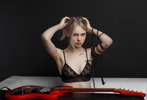 women, blonde, portrait, black lingerie, guitar, tattoo, simple background, ...