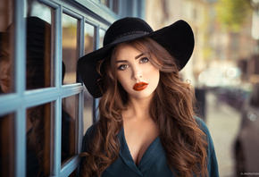 women, Lods Franck, hat, portrait, red lipstick