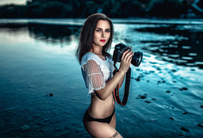 women, thong, tattoo, camera, portrait, belly, red lipstick, river, pierced ...