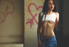 women, brunette, long hair, pierced navel, short tops, torn jeans, black panties, tattoo, urban decay, tanned, under