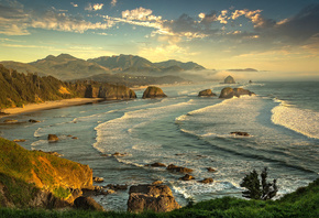 природа, пейзаж, США, Орегон, океан, пляж, вечер, горы