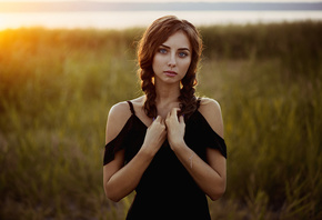 women, pigtails, blue eyes, sunset, bare shoulders, portrait